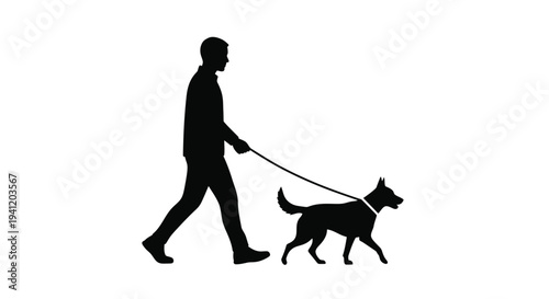 A silhouetted man walking a dog on a leash