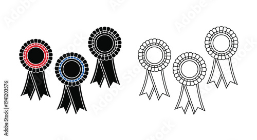 A set of four award ribbons in varying styles and colors