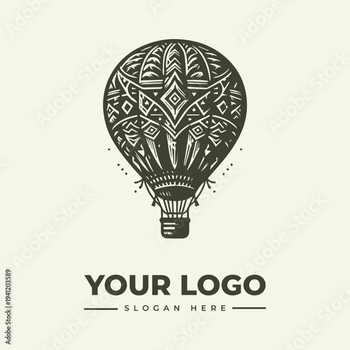 A vintage-style woodcut illustration of a hot air balloon with tribal patterns and a customizable logo space on a cream background.