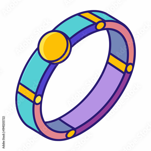 A vibrant and playful cartoon style ring featuring teal, purple, and gold colors with a central jewel