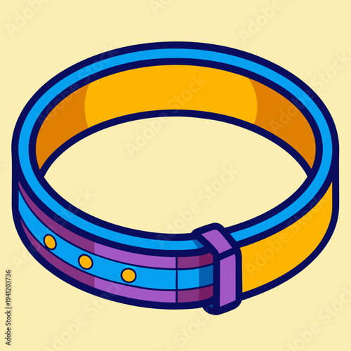 Vibrant pet collar illustration with bright blue, purple, and yellow design