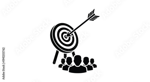 An arrow hitting a target above silhouetted figures of people