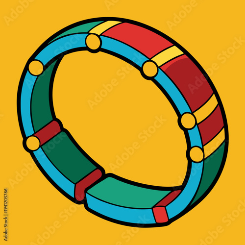 A vibrantly colored segmented oval design with yellow studs against a mustard background