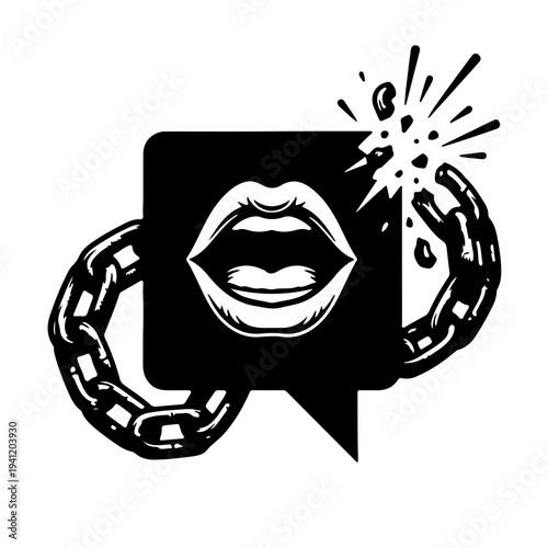 Conceptual black and white vector of a speech bubble shattering a metal chain, symbolizing the power of dialogue, freedom of speech, and liberation from oppression