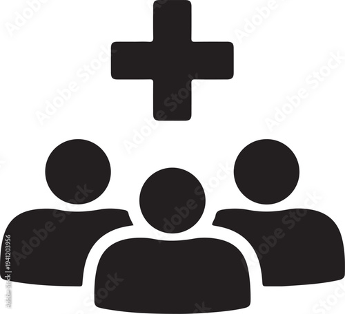 Simple vector graphic illustration of three people and a medical cross symbol