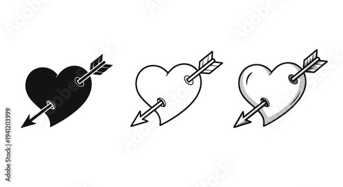 Three hearts pierced by arrows in varying styles and shades