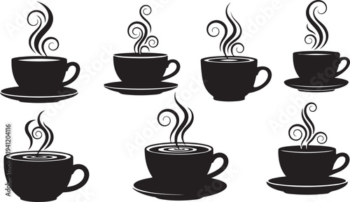 Set of steaming coffee cups on saucers illustration graphic design