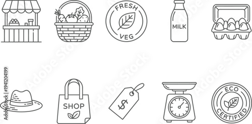Eco friendly shopping icons, fresh produce, milk, eggs, organic food, sustainable living