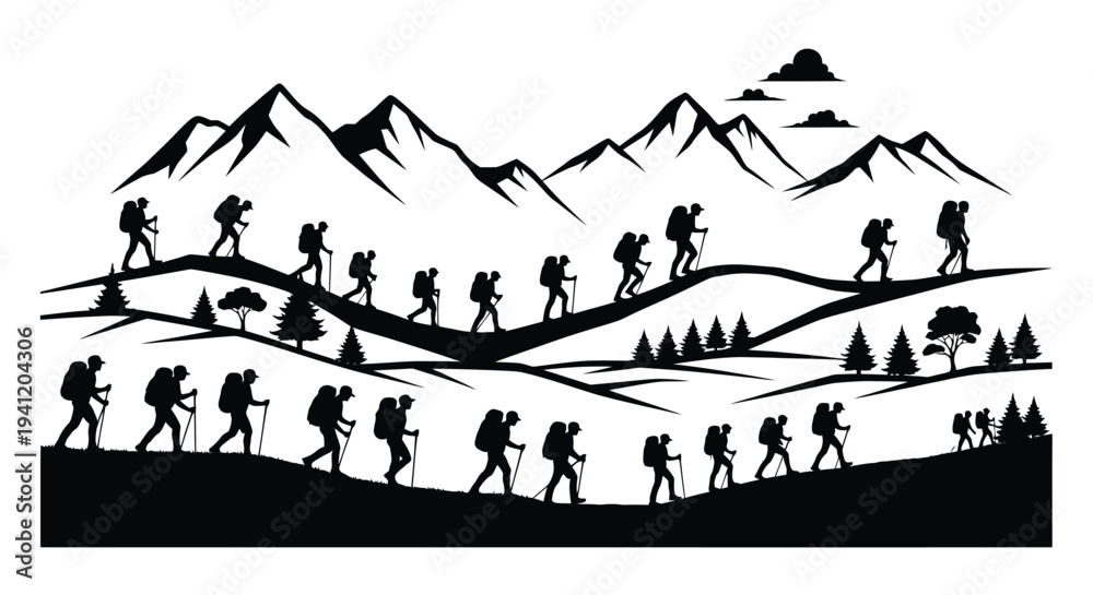 Obraz premium A line of silhouetted hikers walks along a mountain path landscape