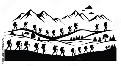 A line of silhouetted hikers walks along a mountain path landscape