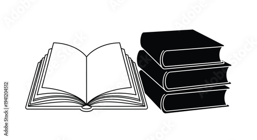 Black and white illustration of an open book and a stack of books