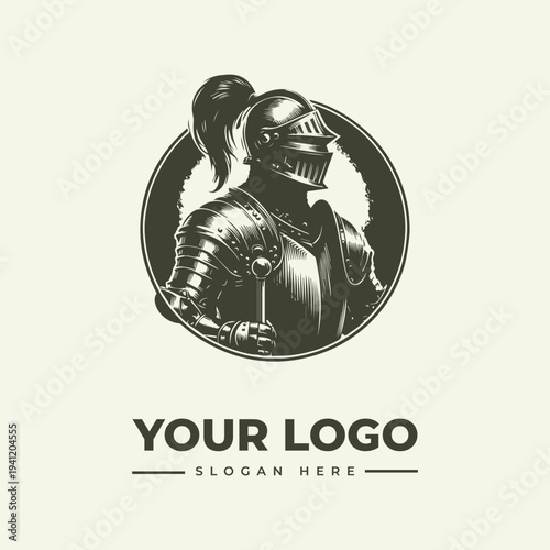 A knight in armor with a pony-tailed helmet is depicted in a circular vintage engraving logo on a beige background with space for a slogan.