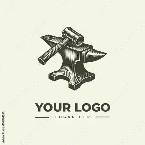 A vintage-style illustration of a hammer resting on an anvil with a placeholder for a logo and slogan in a woodcut style against a clean background.