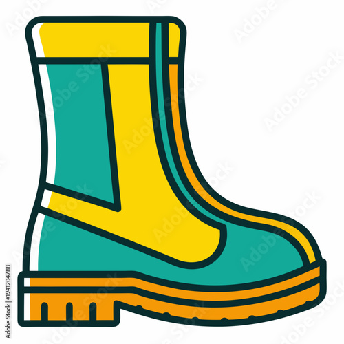 Modern graphic illustration of a waterproof safety boot in vibrant teal and yellow