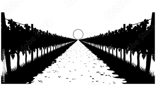 Monochrome silhouette of a vast vineyard path receding into the distance under a distant circle