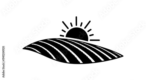 Minimalist black and white icon depicting a stylized sun rising over a cultivated agricultural field