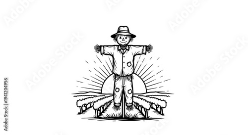 Rustic scarecrow standing proudly in a cultivated field beneath a radiating sun, emblematic of