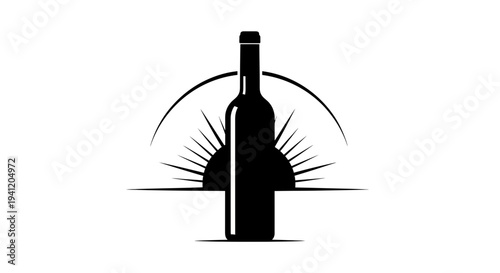 Elegant minimalist design featuring a wine bottle silhouette against a radiant sun motif perfect