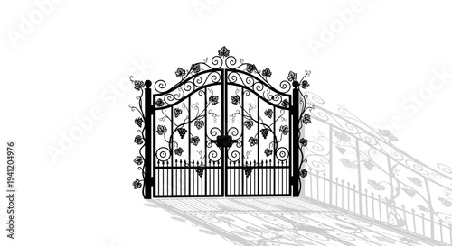 Elegant decorative wrought iron gate silhouette featuring intricate vine and grape details with