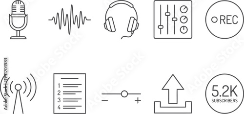 Audio Video Recording Icon Set, Sound Wave, Microphone, Headphones, Broadcasting Symbols