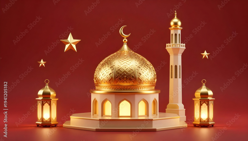 Obraz premium Golden Islamic mosque with minaret, lanterns, and stars on a red background