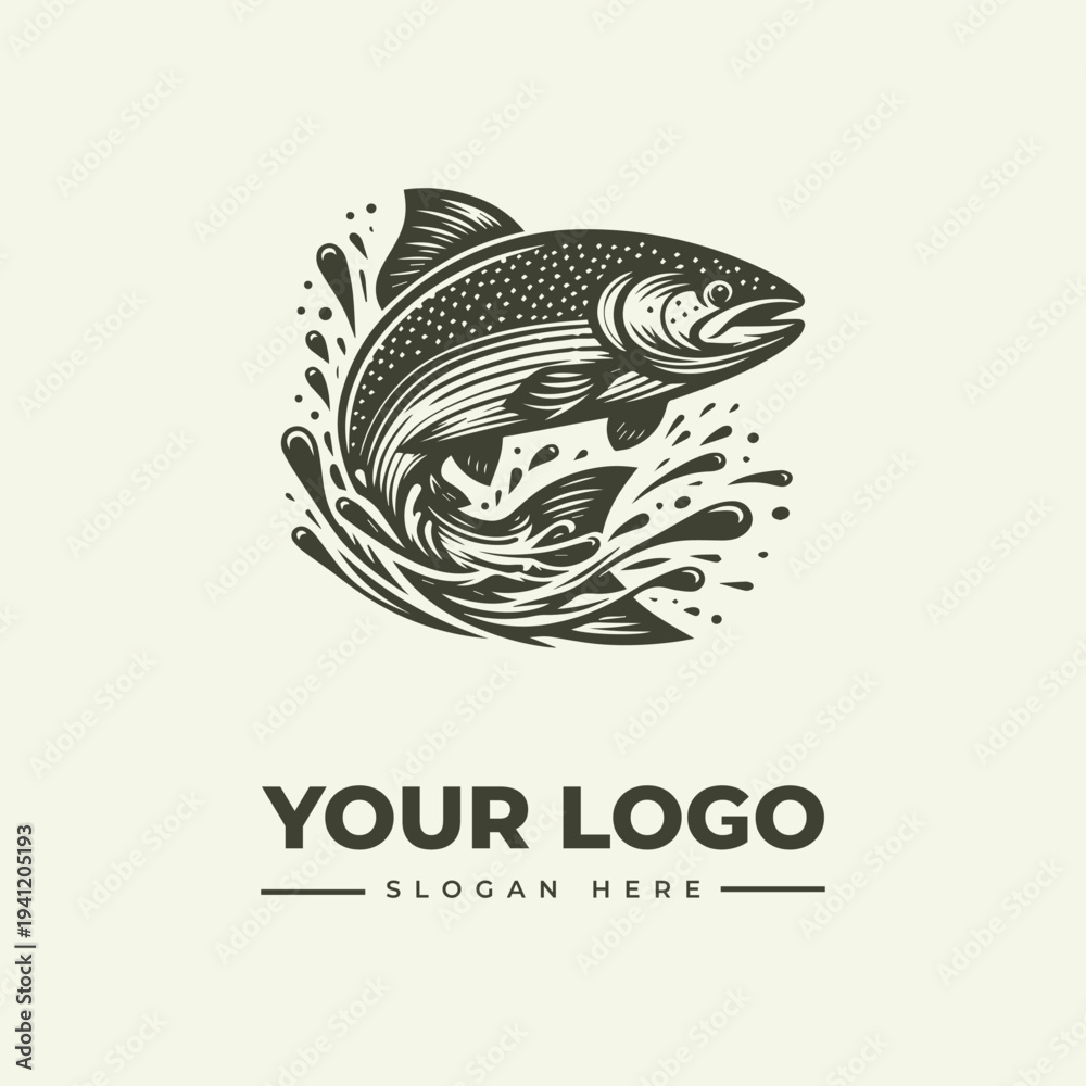 Fototapeta premium A vintage engraving-style illustration of a jumping fish with waves, accompanied by a logo and slogan text on a clean white background.