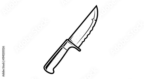 Detailed monochrome outline of a robust survival knife featuring a serrated edge and sharp point