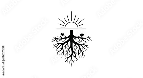 Minimalist emblem of flourishing tree roots connecting to a radiant sun for vital energy