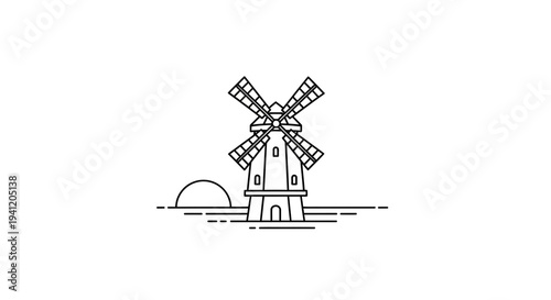 Minimalist line art illustration of a classic windmill at horizon during sunrise or sunset.