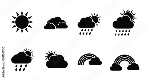 Black weather icons depicting sun clouds rain rainbow and various conditions