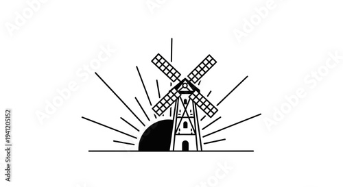 Elegant black line art of a historic windmill standing tall with a radiating sunrise