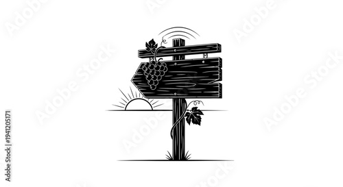 Rustic directional marker with a cluster of sweet grapes and curling tendrils under a rising sun