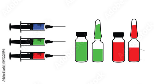 Medical vials and syringes filled with colorful liquids isolated on white