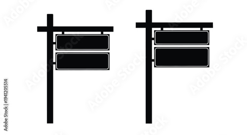 Two black signposts with blank rectangular signs on a white background