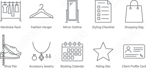 Set of fashion and shopping icons, including wardrobe pack, hangers, shopping bags