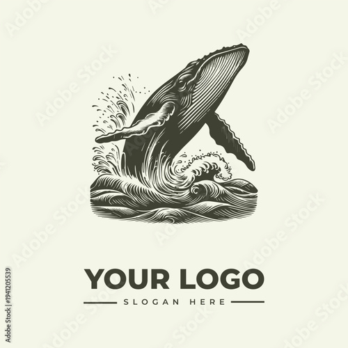 A vintage engraving-style illustration of a whale breaching waves with a logo and slogan text area on a clean background.