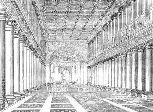 Foto Basilica-style church interior, rows of columns, ornate ceiling, decorative wall carvings, architectural elegance and grandeur, old vintage illustration, 1880