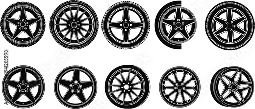 Car wheel rim and tire design set with different alloy styles, automotive wheel icons collection, vector illustration for vehicle customization and auto parts concept