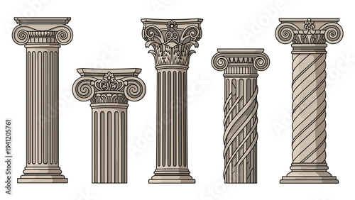 Ancient architectural column styles collection featuring Doric Ionic Corinthian and other ornate pillar designs on white background.