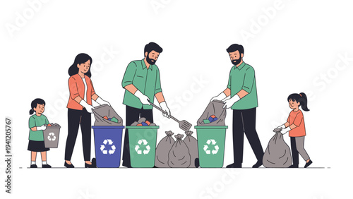 Environmentally friendly family sorting household waste into colorful recycling bins to protect the planet and nature together.