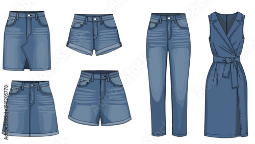 Denim clothing collection for women featuring skirts shorts jeans and a stylish denim wrap dress on a white background.