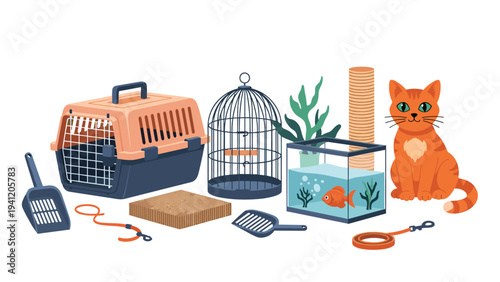 Pet care supplies set with a cat aquarium birdcage carrier leash grooming tools and scratching post for animal lovers.