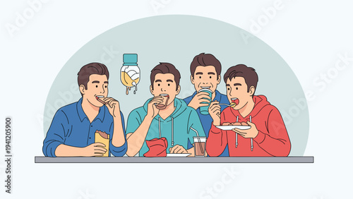 Group of four male friends enjoying a casual meal of burgers and sodas while chatting together at a fast food restaurant table.