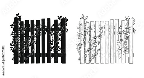 Two fence designs with climbing vines one solid black and one white