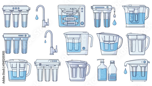 Diverse selection of modern water filtration systems including under-sink units, filter pitchers, and portable purification bottles.