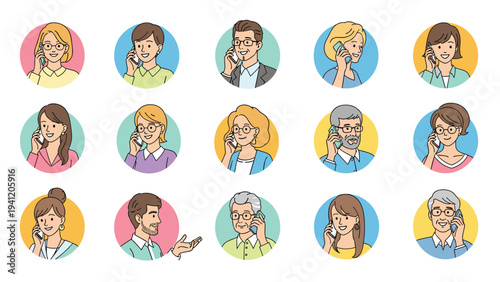 Collection of diverse circular avatars featuring people of various ages and genders actively communicating on their mobile phones.