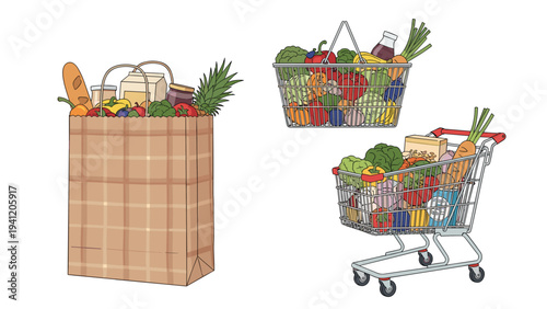 Variety of grocery containers including a paper bag, wire basket, and shopping cart filled with fresh fruits and vegetables.
