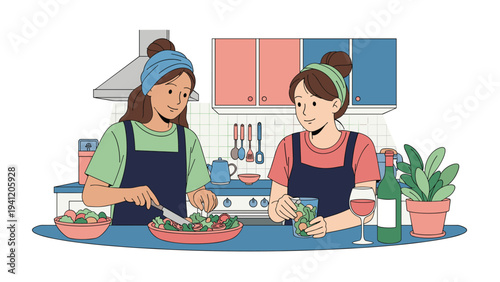 Two female friends wearing aprons and headbands enjoy cooking together in a kitchen while preparing a fresh salad and wine.