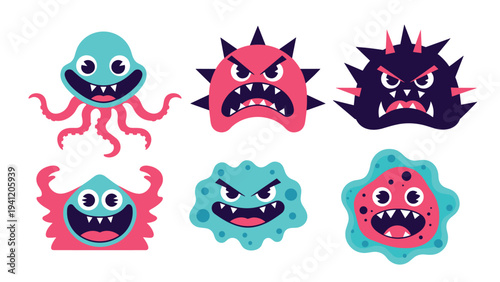 Collection of six colorful and expressive cartoon monster characters with angry faces suitable for game design or health graphics.