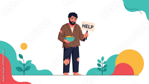 Homeless man in tattered clothing standing in a park holding a bowl of food and a cardboard sign asking for help and support.
